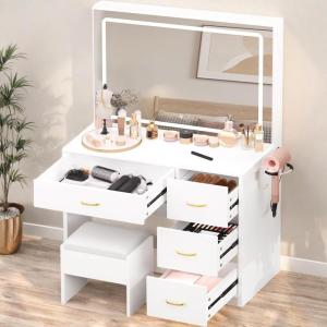 imageYITAHOME Vanity Desk with Mirror Makeup Vanity Set with Power Strip 9 Dimmable Bulbs Drawers Cabinet Shelves and Stool 3Color Adjustable Lighting Elegant Vanity for Dressing Room WhiteWhite