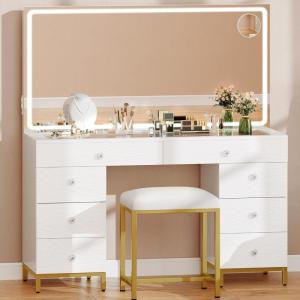 imageYITAHOME Vanity Desk with Mirror Power Outlet and 14 Lights Makeup Table with 8 Drawers 3 Lighting Colors for Bedroom and Dressing Areas WhiteWhite