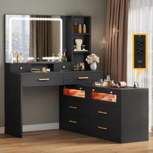 imageYITAHOME Vanity Desk with Mirror RGB LED Light and Charging Station Large 65quot Makeup Vanity Mirror with 3 Lights Mode and Brightness Adjusted Lots Storage Space10 Drawers 4 Storage Shelves BlackBlack