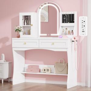 imageYITAHOME Vanity Desk with Mirror ampamp Light Makeup Vanity Table with Power Outlets and Jewelry Organizers Cabinet Dressing Table with Hair Dryer Rack 2 Drawers Cute Curved Design for Bedroom White
