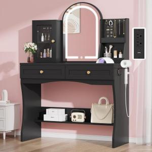 imageYITAHOME Vanity Desk with Mirror ampamp Light Makeup Vanity Table with Power Outlets and Jewelry Organizers Cabinet Dressing Table with Hair Dryer Rack 2 Drawers Cute Curved Design for Bedroom Black