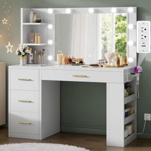 imageYITAHOME Vanity Desk with Mirror ampamp Lights Makeup Vanity Table Set with Power Outlet 4 Drawers 6 Open Shelves Above and 3 Adjustable Shelves Below 3 Lighting Modes Dressing Table for Bedroom PinkWhite