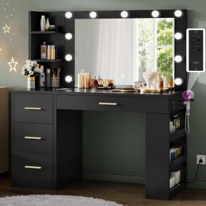 imageYITAHOME Vanity Desk with Mirror ampamp Lights Makeup Vanity Table Set with Power Outlet 4 Drawers 6 Open Shelves Above and 3 Adjustable Shelves Below 3 Lighting Modes Dressing Table for Bedroom PinkBlack