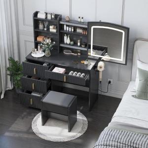 imageYITAHOME Vanity Desk with Mirror ampamp Power Outlet Fluted Vanity Table Set with Hidden Jewelry Storage Big Makeup Desk with 4 Drawers Dressing Table with Cushion Stool 3 Lighting Color Modes Black