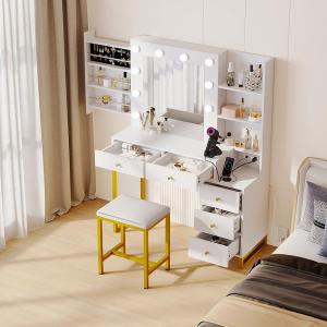 imageYITAHOME Vanity Desk with Mirror ampamp Power Outlet Luxury Vanity Table Set with Hidden Jewelry Storage Big Makeup Desk with 5 Drawers Dressing Table with Cushion Stool 3 Lighting Color Modes White