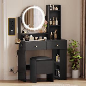 imageYITAHOME Vanity Desk with Mirror ampamp Power Outlet Makeup Table with 2 Drawers 5 Open Shelves ampamp Hair Dryer Storage Stool 3 Models LED Light Vanity Set for Bedroom WhiteBlack