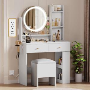 imageYITAHOME Vanity Desk with Mirror ampamp Power Outlet Makeup Table with 2 Drawers 5 Open Shelves ampamp Hair Dryer Storage Stool 3 Models LED Light Vanity Set for Bedroom WhiteWhite