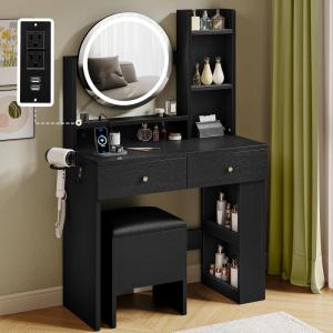 imageYITAHOME Vanity Desk with Mirror ampamp Power Outlet Makeup Table with 2 Drawers 5 Open Shelves ampamp Hair Dryer Storage Stool 3 Models LED Light Vanity Set for Bedroom WhiteBlack2
