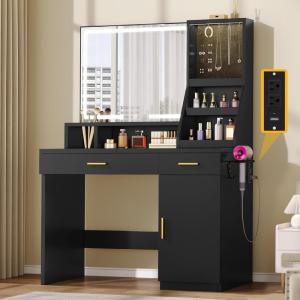 imageYITAHOME Vanity Desk with Mirror and Light Makeup Vanity Set with Jewelry Organizer Drawers Cabinet and Lots Shelves 3 Color Adjustable Lighting Dressing Table for Bedroom Dressing Room Black