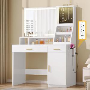 imageYITAHOME Vanity Desk with Mirror and Light Makeup Vanity Set with Jewelry Organizer Drawers Cabinet and Lots Shelves 3 Color Adjustable Lighting Dressing Table for Bedroom Dressing Room White