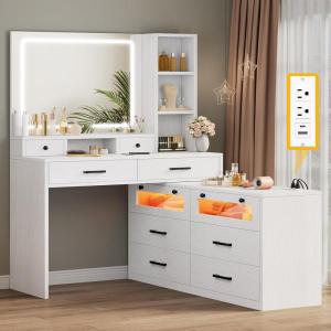 imageYITAHOME Vanity Desk with Mirror and Lights RGB Makeup Vanity Table Set with 10 Drawers and 4 Storage Shelves 3 Lighting Modes Adjustable Large Makeup Dressing Table with Charging Station BlackWhite