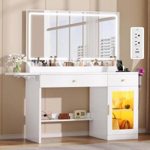 imageYITAHOME Vanity Desk with Mirror and Lights ampamp Extral Foldable Desk Makeup Desk with 395inch Mirror ampamp Power Outlets Vanity Table Set with with RGB Cabinet for Bedroom Dressing Room WhiteWhite