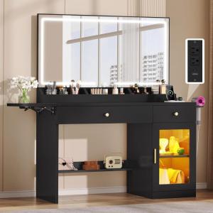 imageYITAHOME Vanity Desk with Mirror and Lights ampamp Extral Foldable Desk Makeup Desk with 395inch Mirror ampamp Power Outlets Vanity Table Set with with RGB Cabinet for Bedroom Dressing Room WhiteBlack