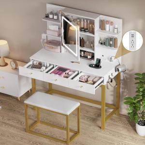 imageYITAHOME Vanity Desk with Mirror and Lights ampamp Hidden Jewelry Storage Shelves Makeup Vanity Table with Stool and Plug Outlet 3 Drawers and 6 Open Shelves Dressing Table for Bedroom White and GoldWhite