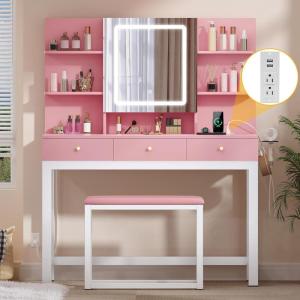 imageYITAHOME Vanity Desk with Mirror and Lights ampamp Hidden Jewelry Storage Shelves Makeup Vanity Table with Stool and Plug Outlet 3 Drawers and 6 Open Shelves Dressing Table for Bedroom White and GoldPink