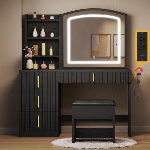 imageYITAHOME Vanity Desk with Mirror and Power Outlet Fluted Vanity Table Set with Hidden Jewelry Storage Big Makeup Desk with 4 Drawers Black Dressing Table with Cushion Stool 3 Lighting Color ModesBlack