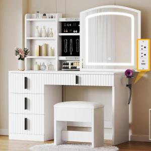 imageYITAHOME Vanity Desk with Mirror and Power Outlet Fluted Vanity Table Set with Hidden Jewelry Storage Big Makeup Desk with 4 Drawers Black Dressing Table with Cushion Stool 3 Lighting Color ModesWhite