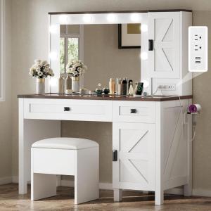 imageYITAHOME Vanity Desk with Mirror and Power Outlet Fluted Vanity Table Set with Hidden Jewelry Storage Big Makeup Desk with 4 Drawers Black Dressing Table with Cushion Stool 3 Lighting Color ModesAntique White