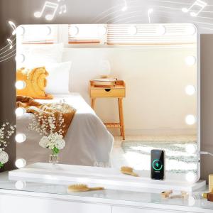 imageYITAHOME Vanity Mirror with Lights and Bluetooth Speaker ampamp Wireless Charger 28quotx22quot LED Makeup Mirror Lighted Makeup Mirror with Lights Touch Screen with Dimmable 16 Bulbs USB TypeC Charging PortWhite17 Led Bulbs  Bluetooth