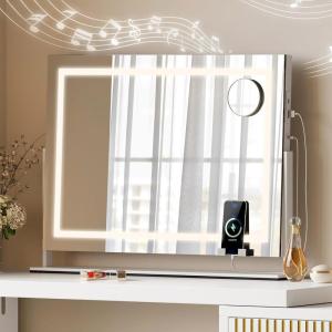 imageYITAHOME Vanity Mirror with Lights and Bluetooth Speaker ampamp Wireless Charger 28quotx22quot LED Makeup Mirror Lighted Makeup Mirror with Lights Touch Screen with Dimmable 16 Bulbs USB TypeC Charging PortWhitephone Rack  Speaker