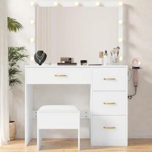 imageYITAHOME Vanity Set Makeup Vanity Desk with Adjustable LED Mirror Power Outlets 10 Drawers Magnifying Glass Tempered Glass Top Hairdryer Holder Stool for Bathroom Makeup RoomWhite