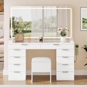 imageYITAHOME Vanity Set Makeup Vanity Desk with Adjustable LED Mirror Power Outlets 10 Drawers Magnifying Glass Tempered Glass Top Hairdryer Holder Stool for Bathroom Makeup RoomPure White
