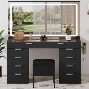 imageYITAHOME Vanity Set Makeup Vanity Desk with Adjustable LED Mirror Power Outlets 10 Drawers Magnifying Glass Tempered Glass Top Hairdryer Holder Stool for Bathroom Makeup RoomDark Black
