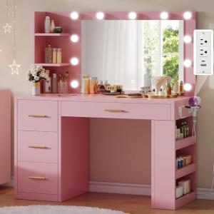 imageYITAHOME Vanity with Mirror and Lights Makeup Vanity Table with Charging Station Cute Vanity Set with Comfortable Bench Big Makeup Desk with 3 Storage Shelves 395inch Pink