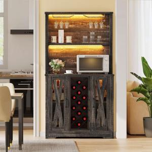 imageYITAHOME Wine Bar Cabinet LED Farmhouse Liquor Cabinet Coffee Bar with Adjustable Shelves 65 Inch Buffet Kitchen Storage Cabinet for Dinning Room Kitchen Living Room Dark Rustic Oak