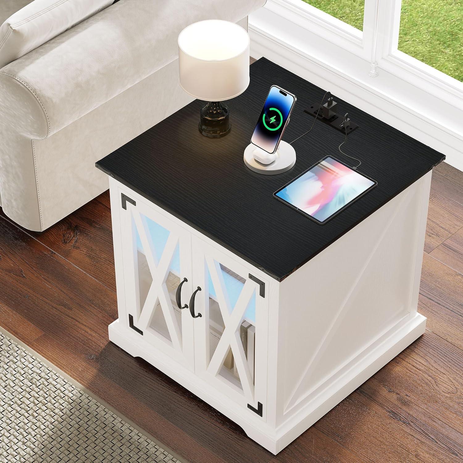 imageYITAHOME Farmhouse End Table with MultiColor RGB LED Lighting ampamp Charging Station Stylish Nightstand with DualDoor Storage Indoor Side Table for Living Room Bedroom Office WhiteWhite