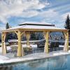 imageYITAHOME 12x20ft Hardtop Gazebo with Nettings and Curtains Wood Grain Heavy Duty Double Roof Galvanized Steel Outdoor Combined of Vertical Stripes Roof for Patio Backyard Deck Lawns BrownWood Like