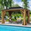 imageYITAHOME 12x20ft Hardtop Gazebo with Nettings and Curtains Wood Grain Heavy Duty Double Roof Galvanized Steel Outdoor Combined of Vertical Stripes Roof for Patio Backyard Deck Lawns BrownWood Grain