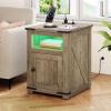imageYITAHOME End Table with Charging Station 20quot Nightstand wGroove Barn Door Rustic Wood Bedside Table Side Table with Storage Open ampamp Adjustable Shelf for Bedroom Living Room WhiteOld Oak