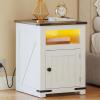 imageYITAHOME End Table with Charging Station 20quot Nightstand wGroove Barn Door Rustic Wood Bedside Table Side Table with Storage Open ampamp Adjustable Shelf for Bedroom Living Room WhiteWhite