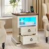 imageYITAHOME Farmhouse Nightstand with Charging Station 2 Drawers Night Stand for Bedroom LED End Table Side Table wOpen Shelf Off WhiteWalnut Grain2 Drawer Side Table