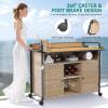 imageYITAHOME XL Outdoor Kitchen Wicker Island Rolling Cart Bar Table ampamp Storage Cabinet Wheels and Plastic Wood Extended Table Top Double Handle for Patio Kitchen or Bar CartLight Yellow GradientLight Yellow Gradient