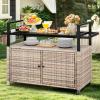 imageYITAHOME XL Outdoor Kitchen Wicker Island Rolling Cart Bar Table ampamp Storage Cabinet Wheels and Plastic Wood Extended Table Top Double Handle for Patio Kitchen or Bar CartLight Yellow GradientLight Brown
