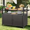 imageYITAHOME XL Outdoor Kitchen Wicker Island Rolling Cart Bar Table ampamp Storage Cabinet Wheels and Plastic Wood Extended Table Top Double Handle for Patio Kitchen or Bar CartLight Yellow GradientDark Brown