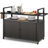 imageYITAHOME XL Outdoor Kitchen Wicker Island Rolling Cart Bar Table ampamp Storage Cabinet Wheels and Plastic Wood Extended Table Top Double Handle for Patio Kitchen or Bar CartLight Yellow GradientDark Brown