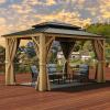 imageYITAHOME 12x20ft Hardtop Gazebo with Nettings and Curtains Wood Grain Heavy Duty Double Roof Galvanized Steel Outdoor Combined of Vertical Stripes Roof for Patio Backyard Deck Lawns BrownWood Grain