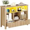 imageYITAHOME Bookcase with Drawers Fluted Wood Cubby Storage Organizer Shelf Cube Bookshelf with Adjustable LED Lighting Modern Horizontal Bookshelf for Living Room Office Entryway OakOak