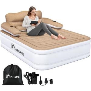 imagePOWERTEC YITAHOME Queen Size Air Mattress with Headboard and Builtin Pump 18in Blow Up Mattress with Carry Bag Repair Kit and Nozzles for Home Camping and Travel BrownBrown