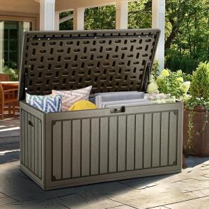 imageYITAHOME 100 Gallon Outdoor Storage Box Large Water Resistant Resin Deck Box Indoor Outdoor Lockable Storage Container for Patio Garden Cushions Tools Equipment TaupeLight Brown