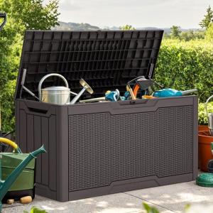 imageYITAHOME 100 Gallon Outdoor Storage Box Large Water Resistant Resin Deck Box Indoor Outdoor Lockable Storage Container for Patio Garden Cushions Tools Equipment TaupeDark Brown