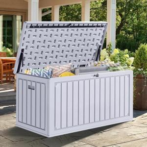 imageYITAHOME 100 Gallon Outdoor Storage Box Large Water Resistant Resin Deck Box Indoor Outdoor Lockable Storage Container for Patio Garden Cushions Tools Equipment TaupeWhite