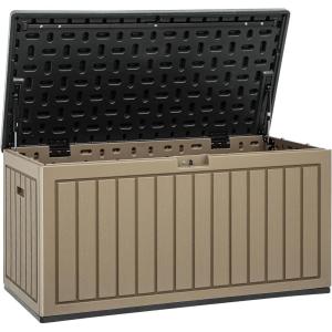 imageYITAHOME 100 Gallon Outdoor Storage Box Large Water Resistant Resin Deck Box Indoor Outdoor Lockable Storage Container for Patio Garden Cushions Tools Equipment TaupeBlackBrown