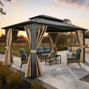imageYITAHOME 10x12ft Gazebo Double Roof Hardtop with Nettings and Curtains Heavy Duty Galvanized Steel Outdoor Vertical Stripes Roof for Patio Backyard Deck Lawns BrownBrown