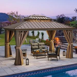 imageYITAHOME 10x12ft Gazebo Double Roof Hardtop with Nettings and Curtains Heavy Duty Galvanized Steel Outdoor Vertical Stripes Roof for Patio Backyard Deck Lawns BrownBronze