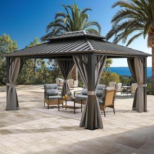imageYITAHOME 10x12ft Hardtop Gazebo with Nettings and Curtains Heavy Duty Double Roof Galvanized Steel Outdoor Combined of Vertical Stripes Roof for Patio Backyard Deck Lawns GrayGray
