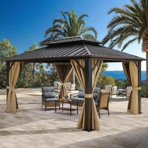 imageYITAHOME 10x12ft Hardtop Gazebo with Nettings and Curtains Heavy Duty Double Roof Galvanized Steel Outdoor Combined of Vertical Stripes Roof for Patio Backyard Deck Lawns GrayBrown